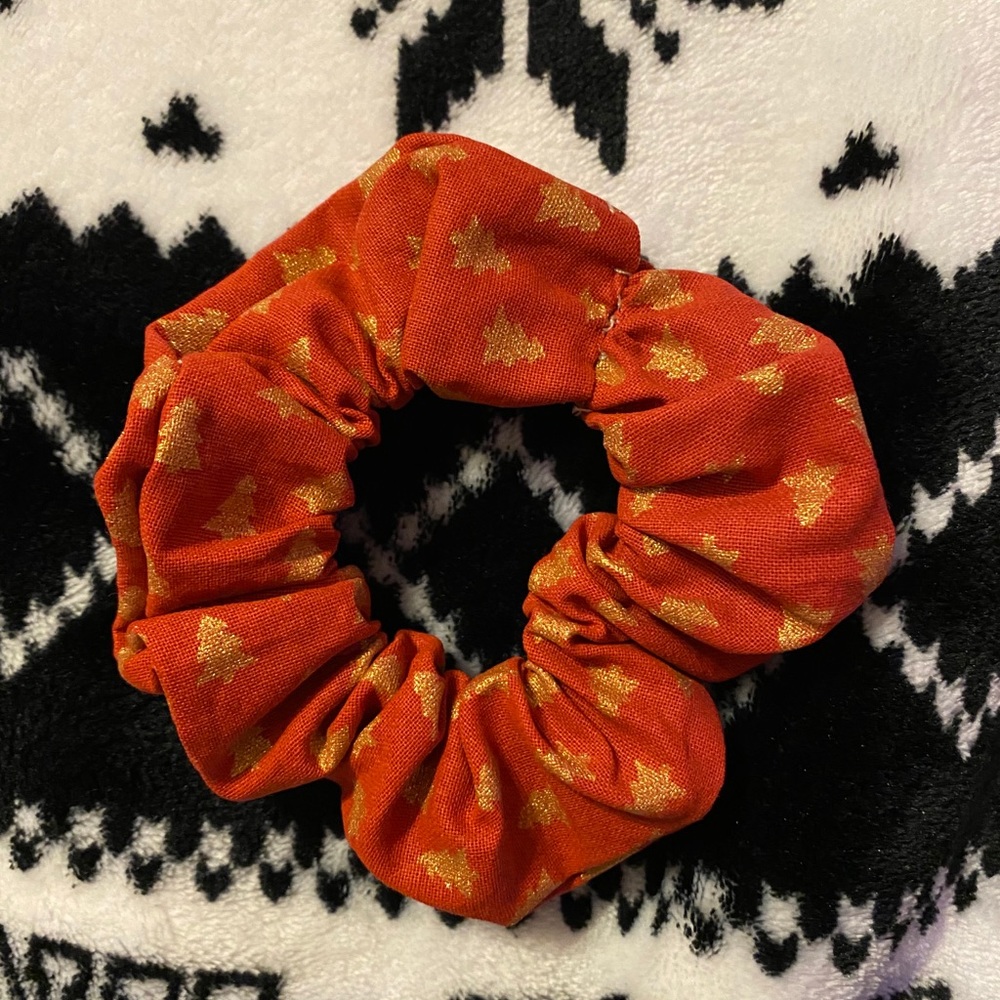 Handmade red and gold pine tree scrunchie